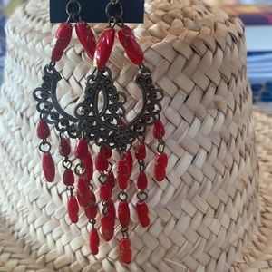 Chandelier earrings set of 2 . Black and red pair. Fun summer accessories.